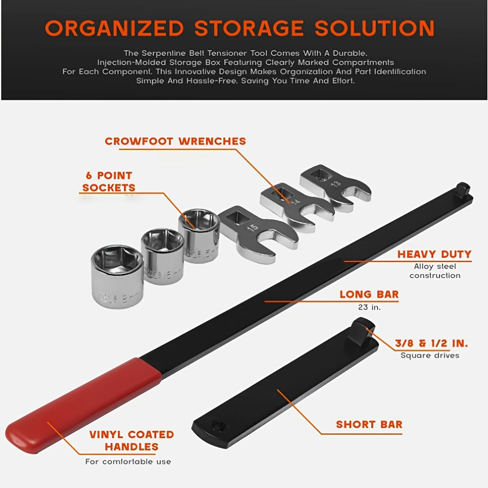 Serpentine Belt Tool Set 8/16 Piece - Universal 3/8" and 1/2" Drive Belt Tensioner Wrench, Idler Pulley Adjuster, Chrome Vanadium Steel, Professional Automotive Belt Removal and Installation Kit for Car Engine Repair