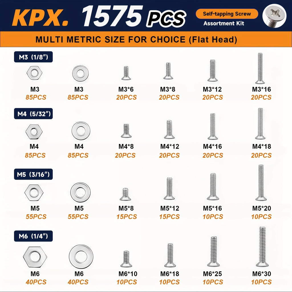 1575-Piece Nut & Bolt Assortment Set - Phillips & Flat Head Screws, Nuts, Bolts & Washers with Double-Sided Storage Case - 10 Colors