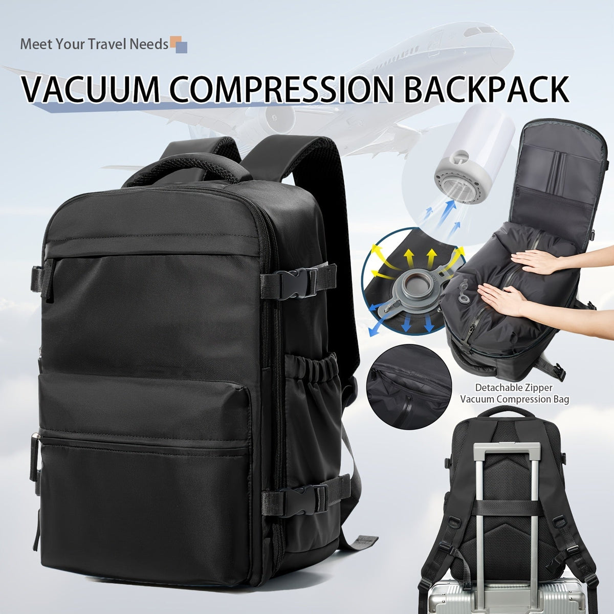 Vacuum Seal Travel Backpack with Air Pump – Expandable Large-Capacity Compression Space-Saver Laptop Carry-On Bag, Oxford Cloth for Men and Women, Hiking, Camping, and Travel