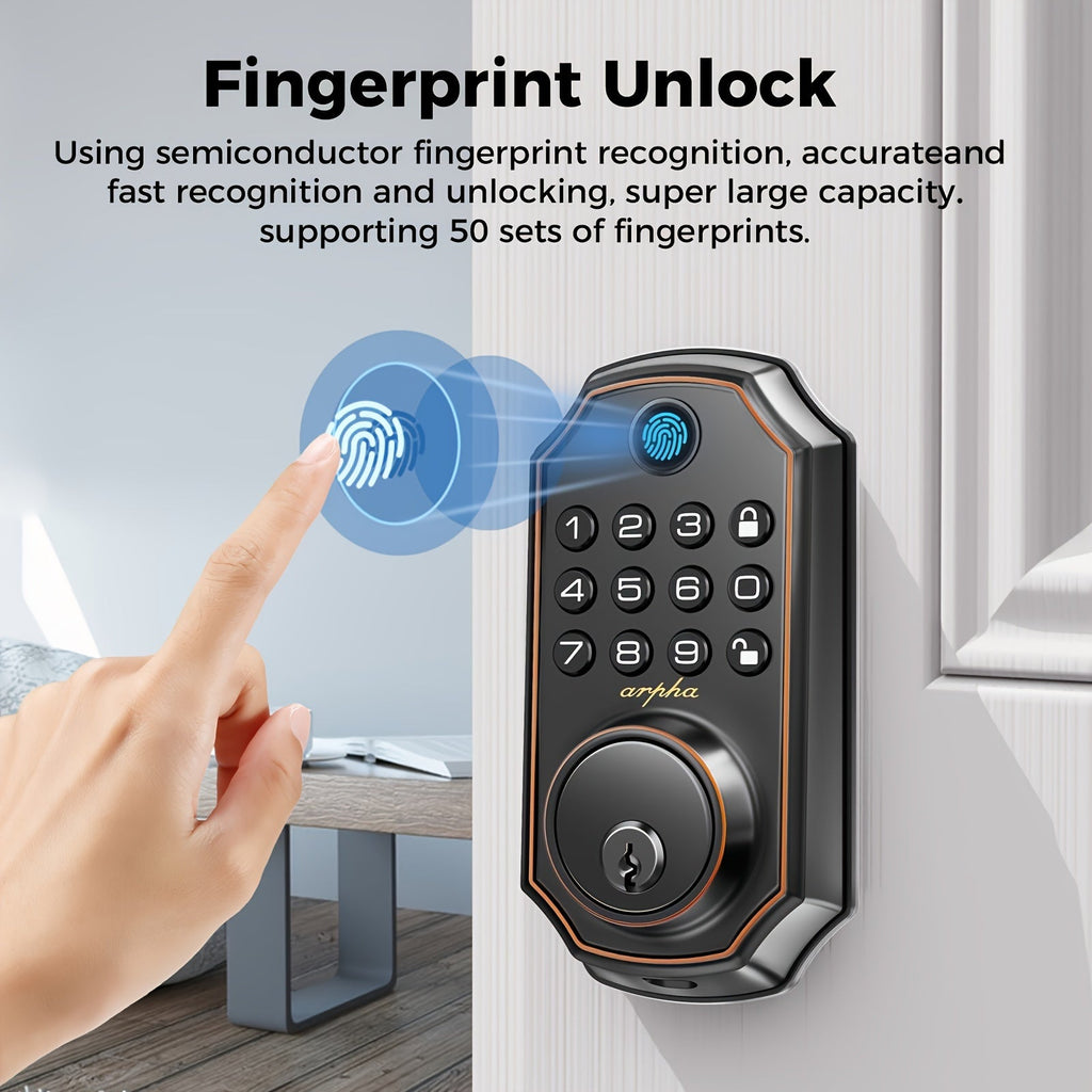 Keyless Smart Door Lock - Fingerprint, Keypad & App Control, 50 Fingerprint + 50 Password Codes, WiFi, Auto Lock, Anti-Peeping, One-Touch Unlock - Metal Deadbolt - Black & Silver