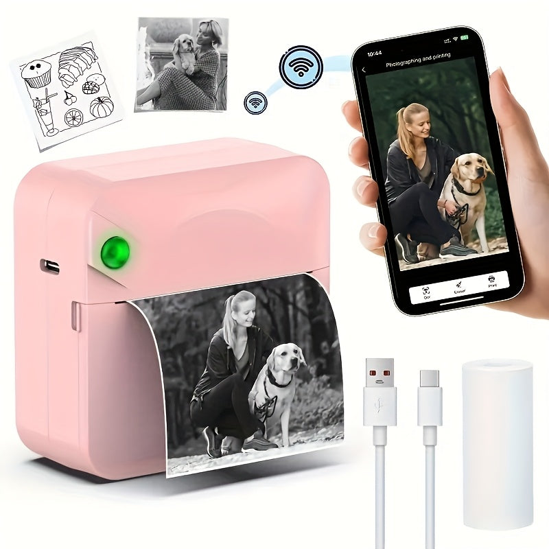 Portable Wireless Bluetooth Thermal Printer, Mini Pocket Printer, Ink-Free for Smartphones, Photos, Notes, Stickers, Diaries, Memos, Includes Thermal Paper Roll