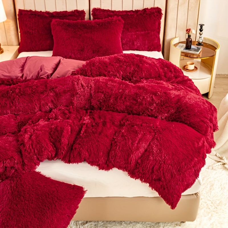 Plush Duvet Cover Set 3 Piece, Long Hair Knitted Polyester, Solid Color Fuzzy Comforter Cover with Zipper Closure, All-Season Soft Cozy Bedding Set for Bedroom, Multiple Colors Available