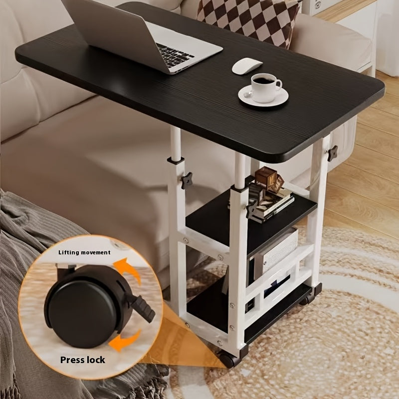 Height Adjustable Rolling Laptop Table with 4 Wheels & Dual Shelves – Mobile Workstation Desk for Bedside, Dorm, Office, and Living Room, Sturdy Steel Frame, Space-Saving Design