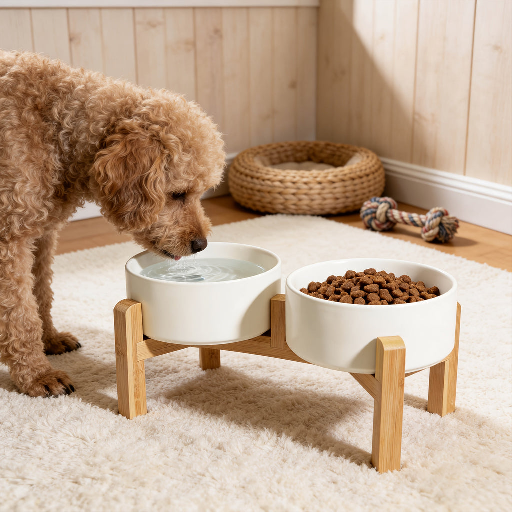 Elevated Ceramic Dog Bowl Set with Bamboo Stand - Raised Double Dog Bowls 28.74oz Non-Slip Feeder for Dogs, Cats & Puppies, Adjustable Height Slow Feed Dog Food Bowl with Storage (4 Colors)