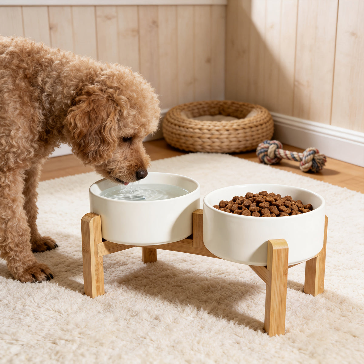 Elevated Ceramic Dog Bowl Set with Bamboo Stand - Raised Double Dog Bowls 28.74oz Non-Slip Feeder for Dogs, Cats & Puppies, Adjustable Height Slow Feed Dog Food Bowl with Storage (4 Colors)