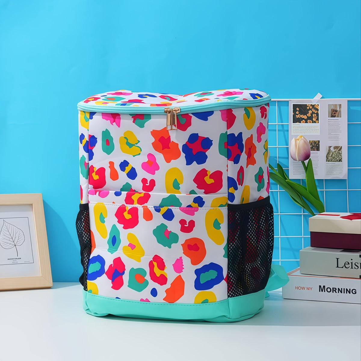 Insulated Cooler Backpack 30-Can Leopard Print with Mesh Pockets & Adjustable Straps - Leakproof Nylon Cooler Bag for Beach, Camping, Picnic, Hiking, Travel, and Daily Use