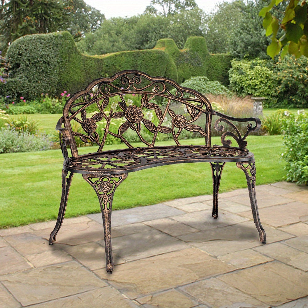 Rose Pattern Cast Aluminum Outdoor Bench 38.5", Floral Vintage Design, Weatherproof & Rustproof, Ergonomic Back & Armrests, Patio Garden Porch Courtyard Seating, Available in Red/Brown/Black