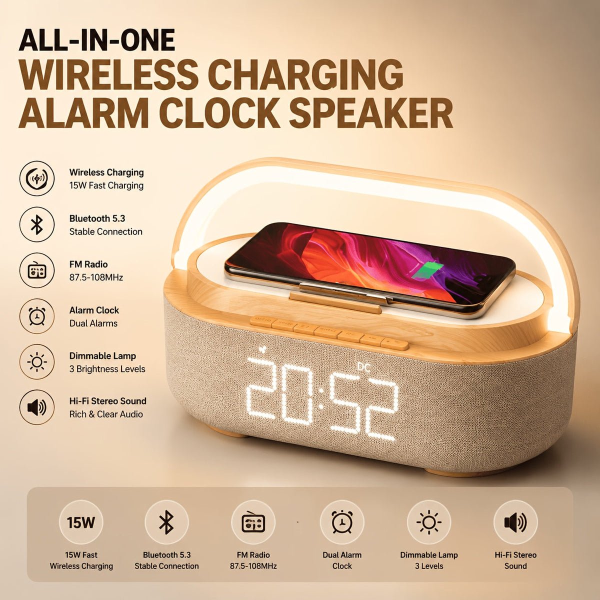 Wireless Charging Alarm Clock Radio with Bluetooth Speaker FM Radio & LED Night Light for Bedroom – Wood Finish