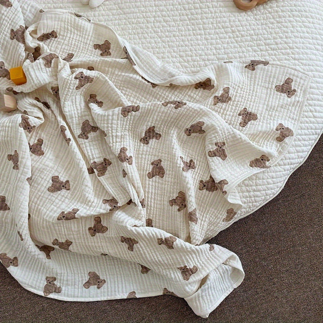 Double-Layer Cotton Gauze Baby Swaddle Blanket with Cute Bear Print, Soft Muslin Bath Towel Blanket for Newborns & Infants, 35x51 Inch Multi-Use Swaddle Wrap for Boys & Girls