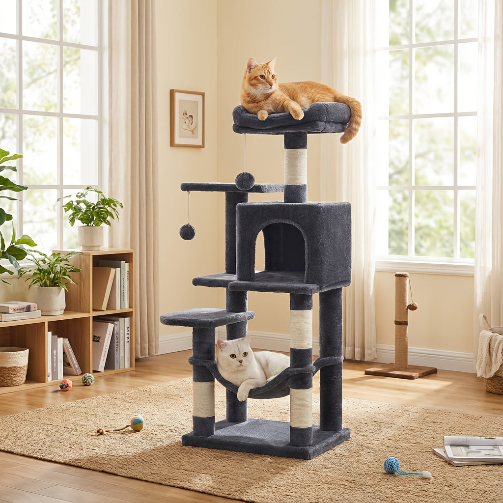 Multi-Level Cat Tree Tower 44-66 Inch with Hammock, Sisal Scratching Posts, Cozy Cave, Perches, and Anti-Tilt Stable Base for Multi-Cat Families, Kittens, and Cats