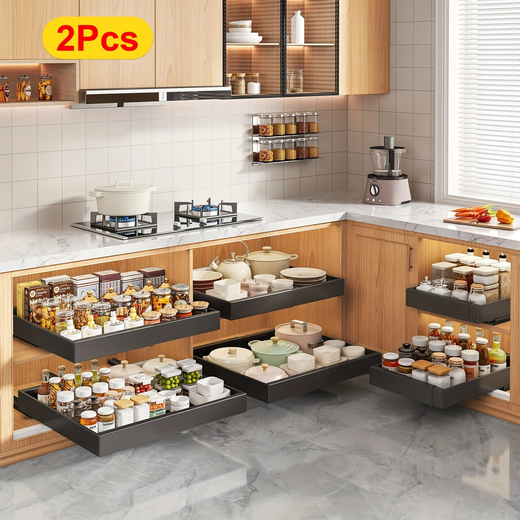 Pull-Out Cabinet Drawers 2-Pack - Heavy-Duty Carbon Steel, No-Drill, Expandable & Adjustable, Sliding Rolling Basket - Kitchen, Under-Sink, Bathroom, Pantry & Laundry Room - Gray, White & Black