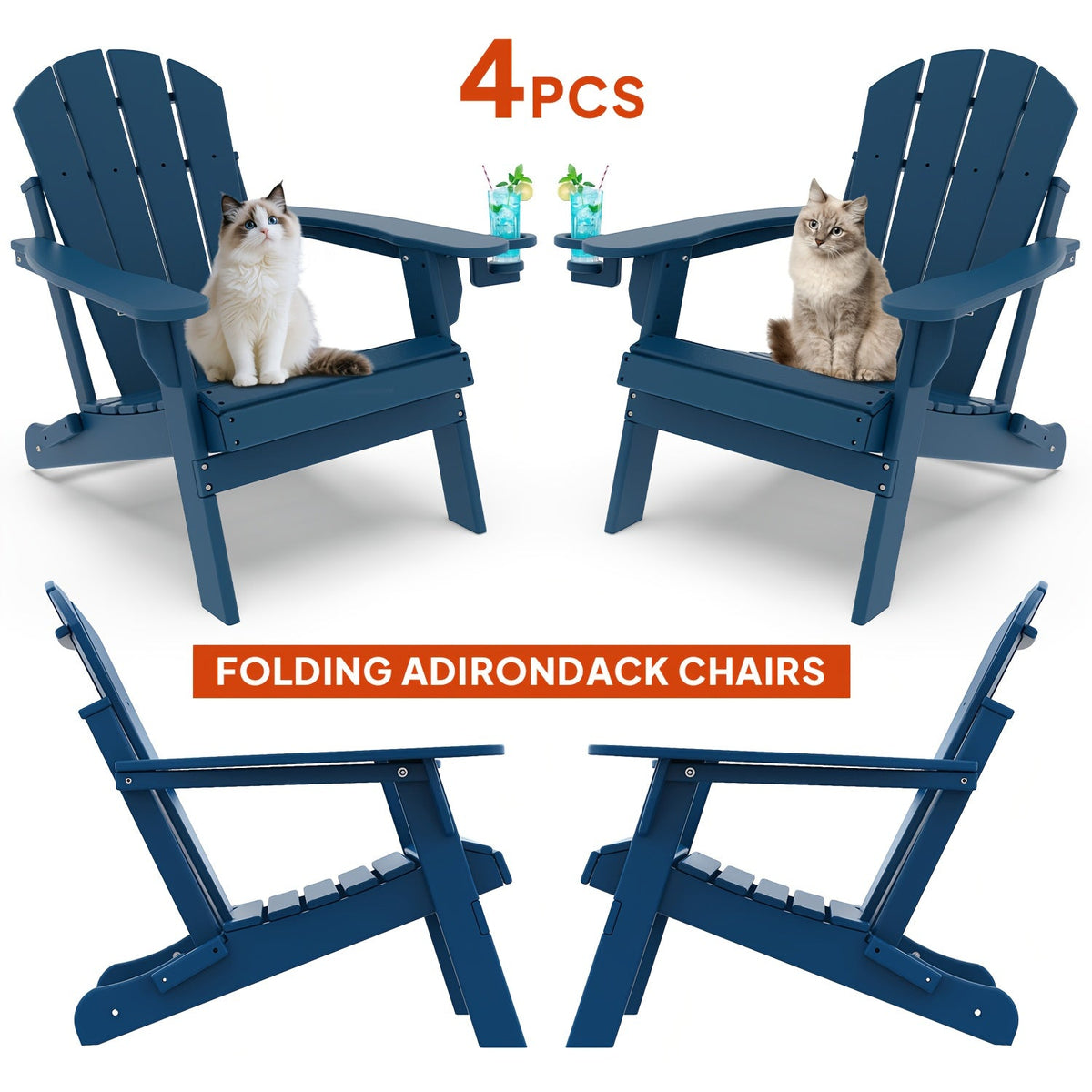 Folding Adirondack Chair with Cup Holder Portable Recliner Stainless Steel Frame Durable Plastic Easy Clean for Patio Poolside Garden Camping Set of 1 2 4 6