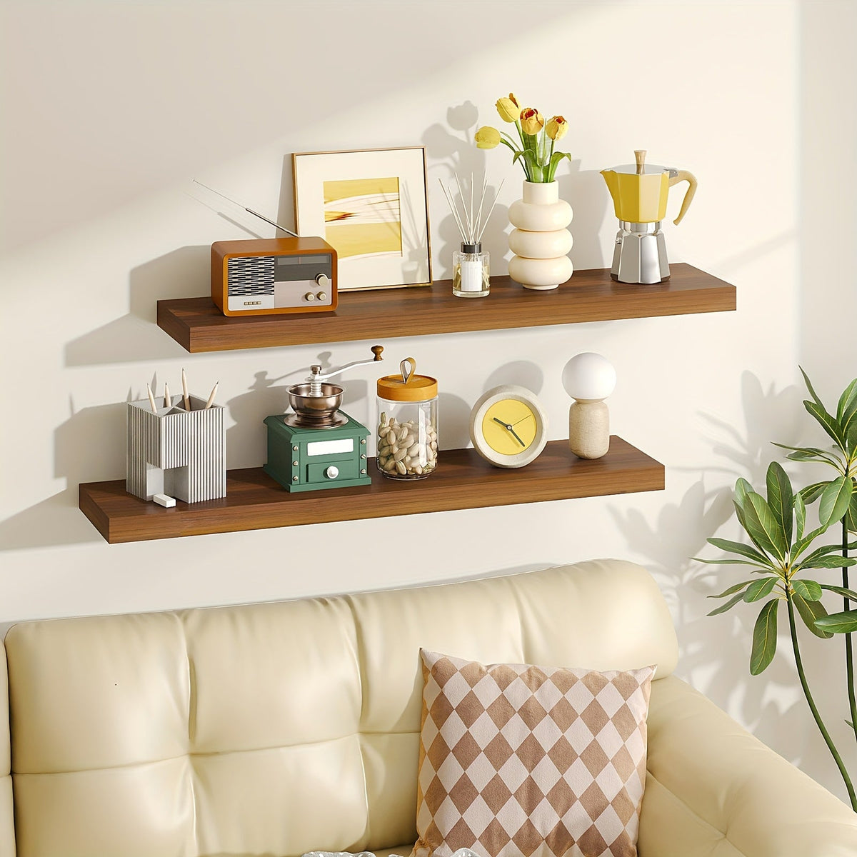Floating Shelves 4-Pack - 22" Wall Shelves with Invisible Brackets for Bathroom, Living Room, Bedroom & Kitchen Decor - Walnut, Black, White & Light Brown