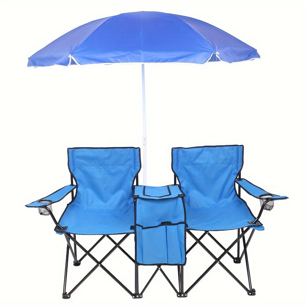 2-Person Outdoor Folding Chair with Removable Sun Umbrella – Portable Loveseat Camping Chair with Armrests for Fishing, Beach, Sunbathing, and Picnics