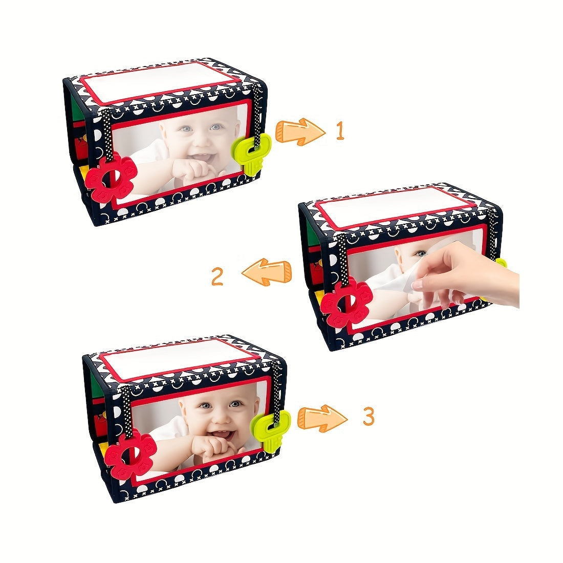 Double-Sided High Contrast Tummy Time Mirror & Teether, Black & White Sensory Toy for Newborns & Infants, Developmental Crawling Aid with Four-Fold Design