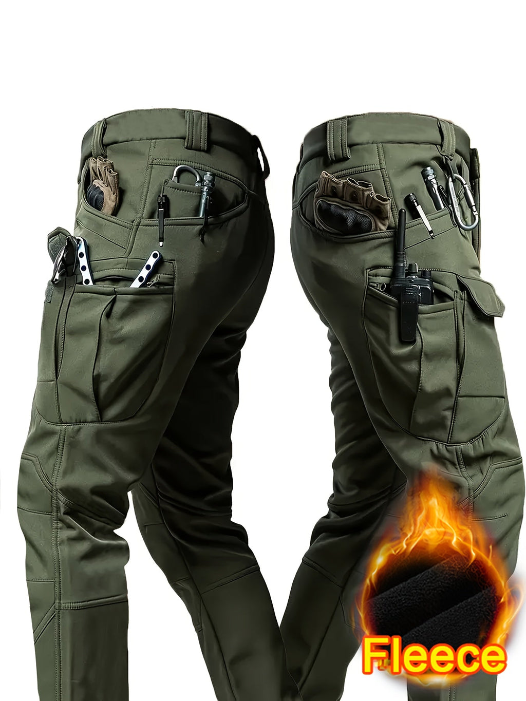 Men's Fleece-Lined Warm Tactical Cargo Pants - Windproof & Snowproof, Multi-Pocket, Micro-Stretch - Outdoor Hiking, Fishing & Casual - S–XXXL - Black, Fern Green, Grey & Khaki (No Belt)