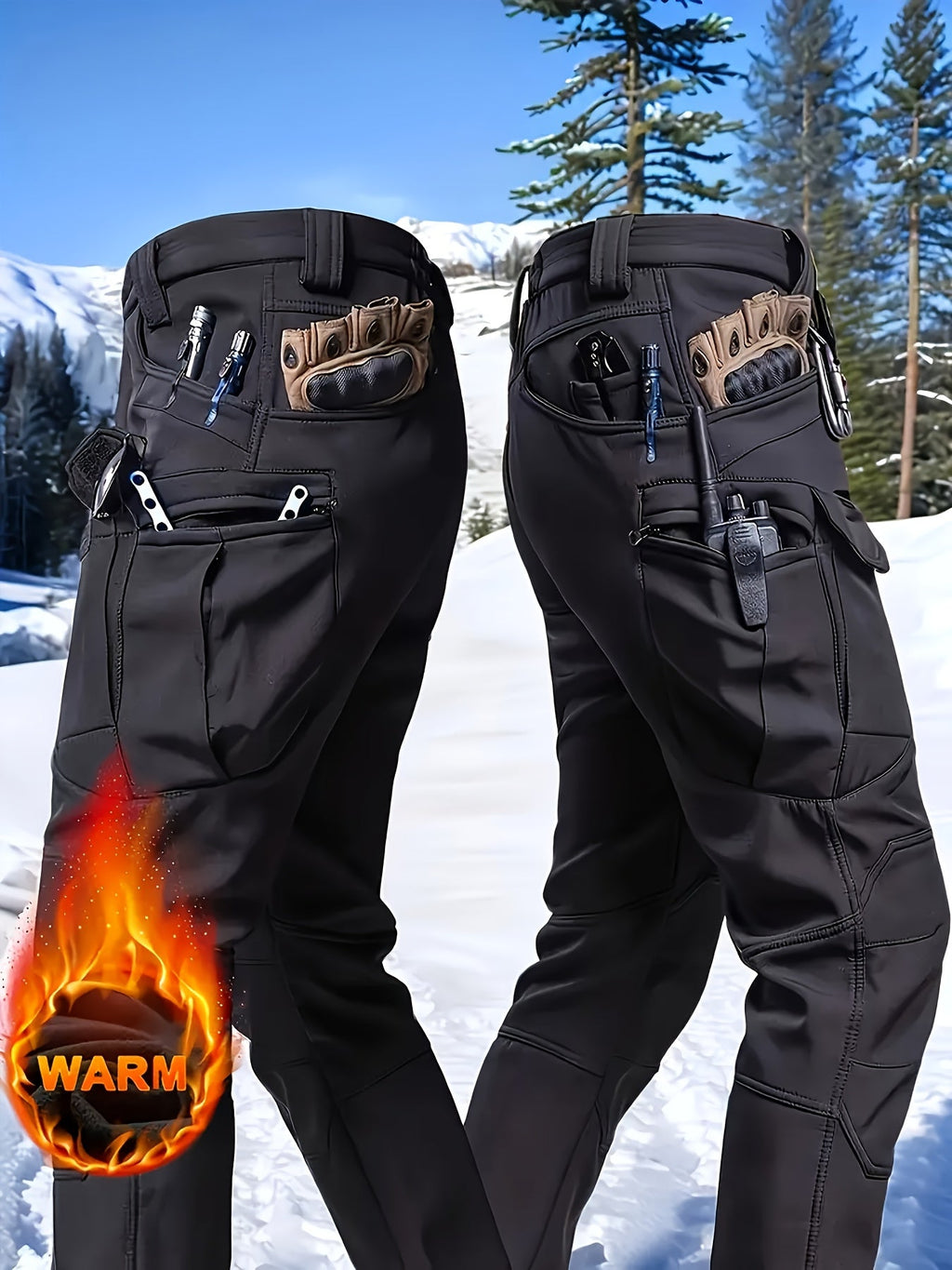 Men's Fleece-Lined Warm Tactical Cargo Pants - Windproof & Snowproof, Multi-Pocket, Micro-Stretch - Outdoor Hiking, Fishing & Casual - S–XXXL - Black, Fern Green, Grey & Khaki (No Belt)