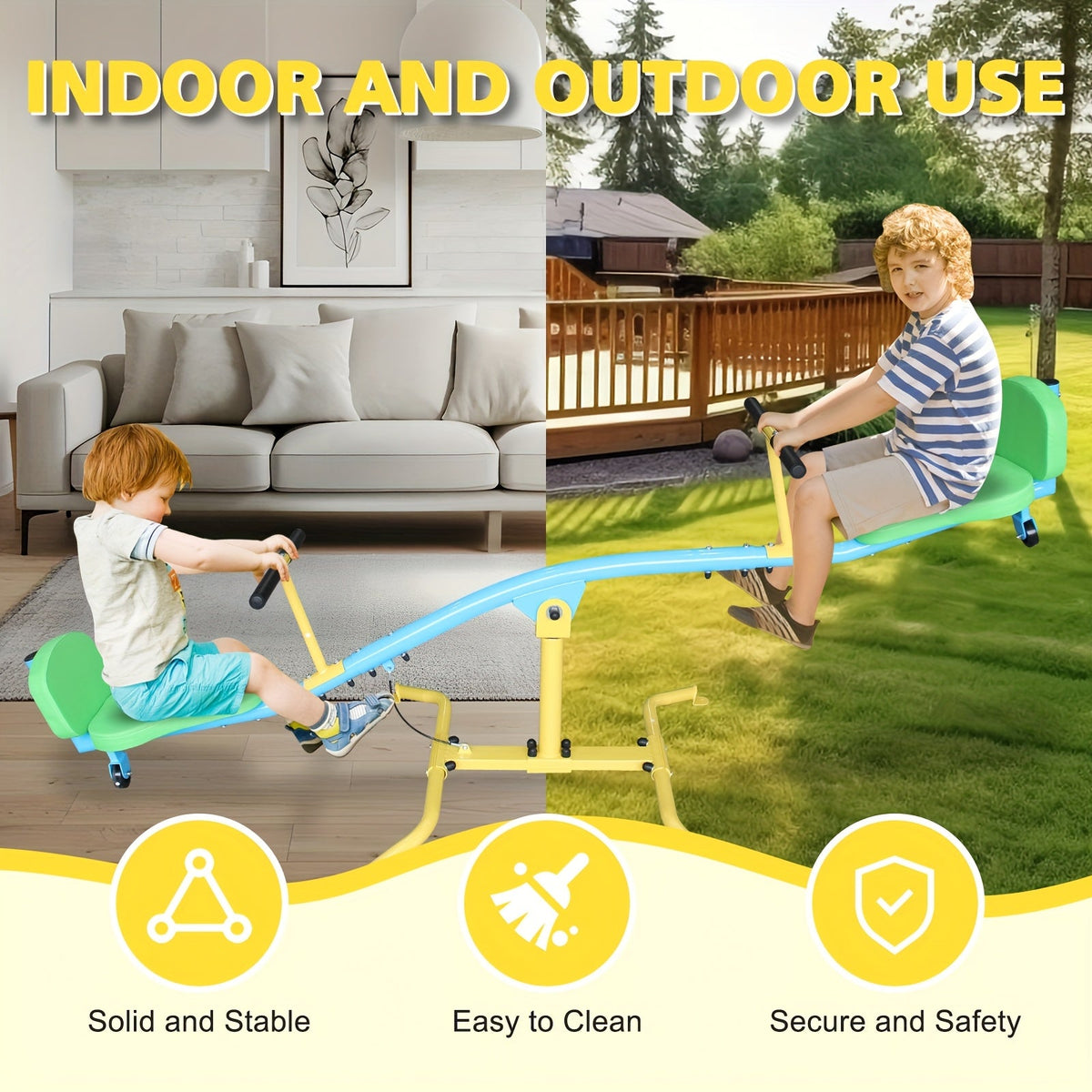 Kids 360-Degree Rotating Seesaw, 2-Seat or 4-Seat, Metal Frame, Outdoor Play Equipment, Rotating Swing Ride-On, for Playground, Backyard & Garden, Blue