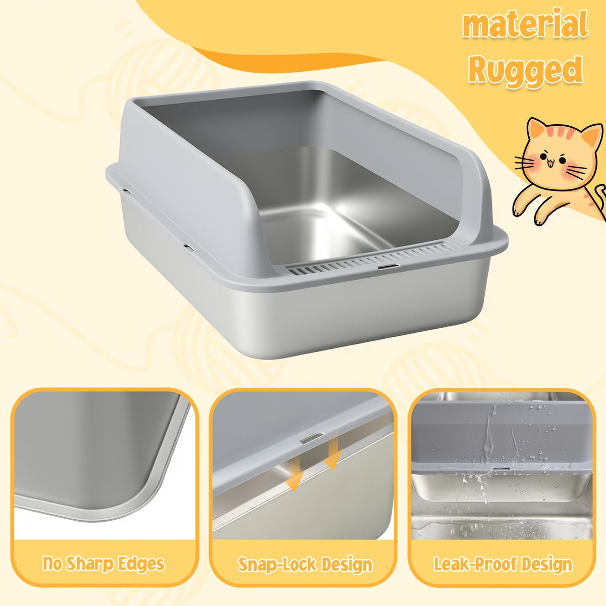 Stainless Steel Cat Litter Box, High-Sided Anti-Leakage Metal Litter Pan with Scoop and Sifting Tray, Rust-Proof, Odor-Resistant, Non-Stick, Easy-Clean Indoor Cat Toilet for Medium to Large Cats
