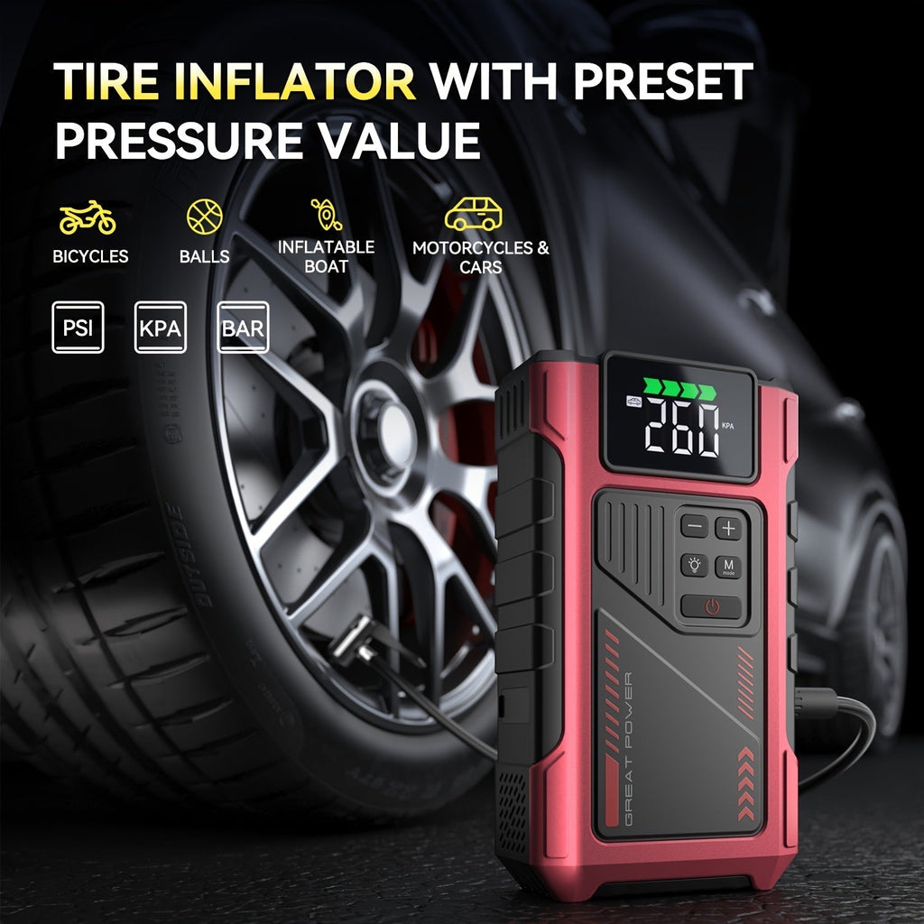 9-in-1 Portable Jump Starter with Air Compressor for 12V Vehicles (Up to 8.0L Gas / 6.5L Diesel) – Battery Booster Pack with Tire Inflator, USB Power Bank, LED Emergency Light & Roadside Kit