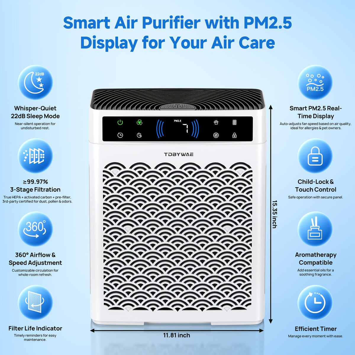 HEPA Air Purifier for Home & Large Rooms – 312 Sq Ft Coverage Double-Sided Intake Washable Pre-Filter Aromatherapy Sleep Mode & 19-Hour Timer for Bedroom Office & Pet Homes in White & Grey