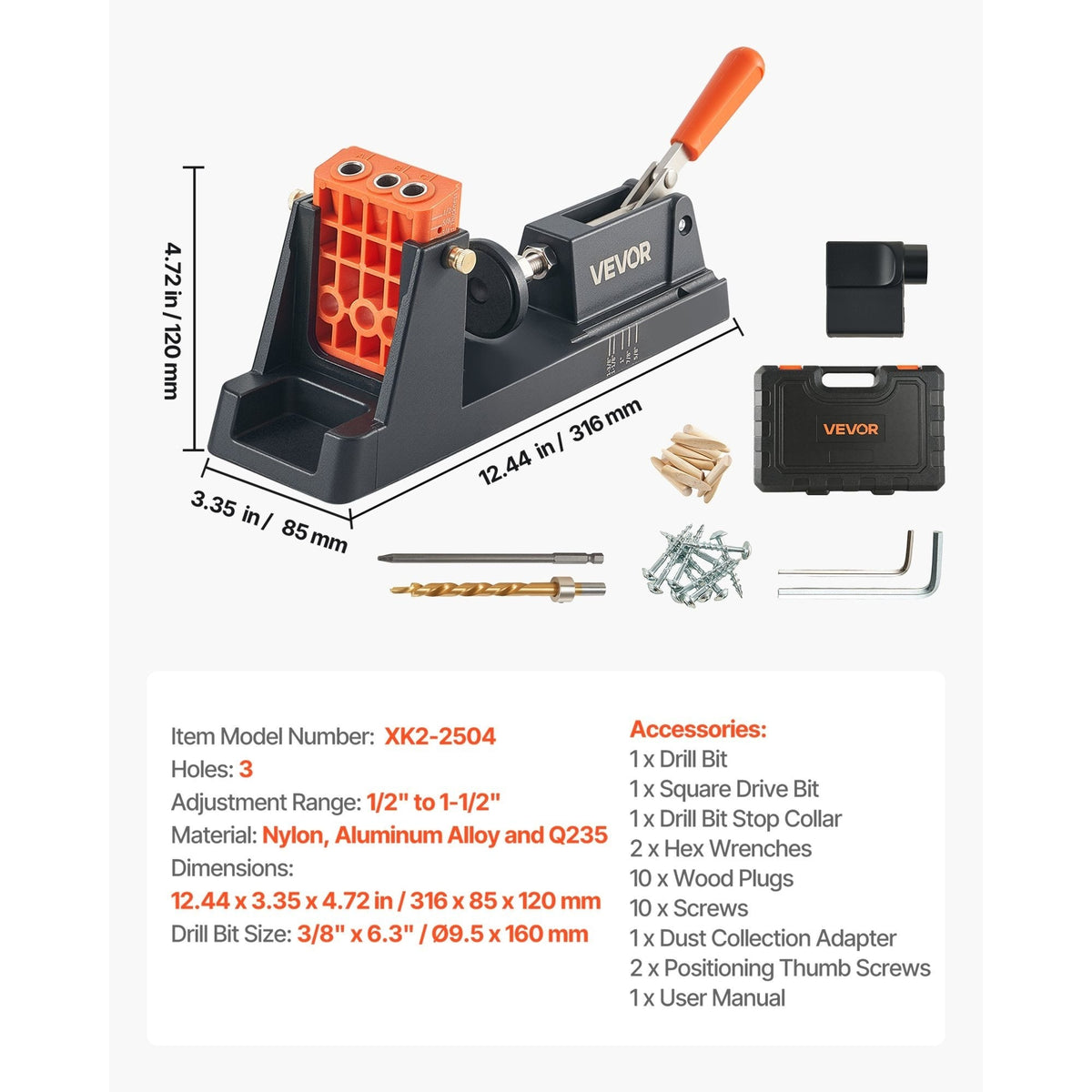 Pocket Hole Jig Kit 1/2 to 1-1/2 Inch Adjustable 2-in-1 Detachable Guide Block Titanium Step Drill Bit Dust Collection Adapter Carrying Case for Woodworking Joinery