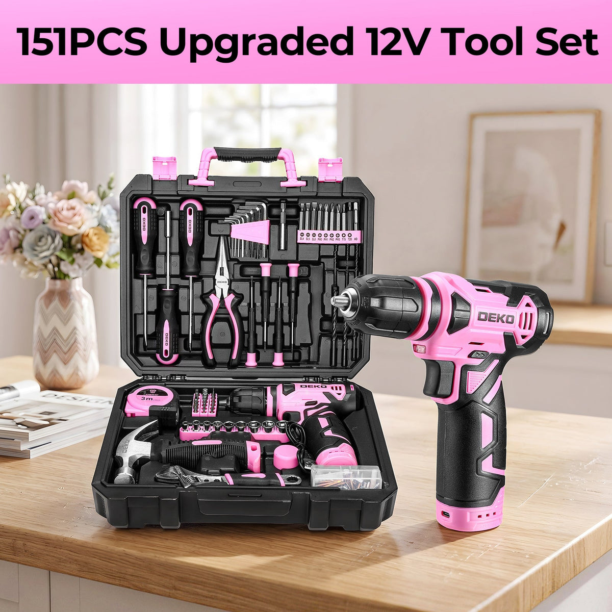 DEKO 151-Piece Tool Set with 12V Cordless Drill – Complete Home Repair Kit with Screwdrivers Hammer Tape Measure & Precision Tools in 5 Colors