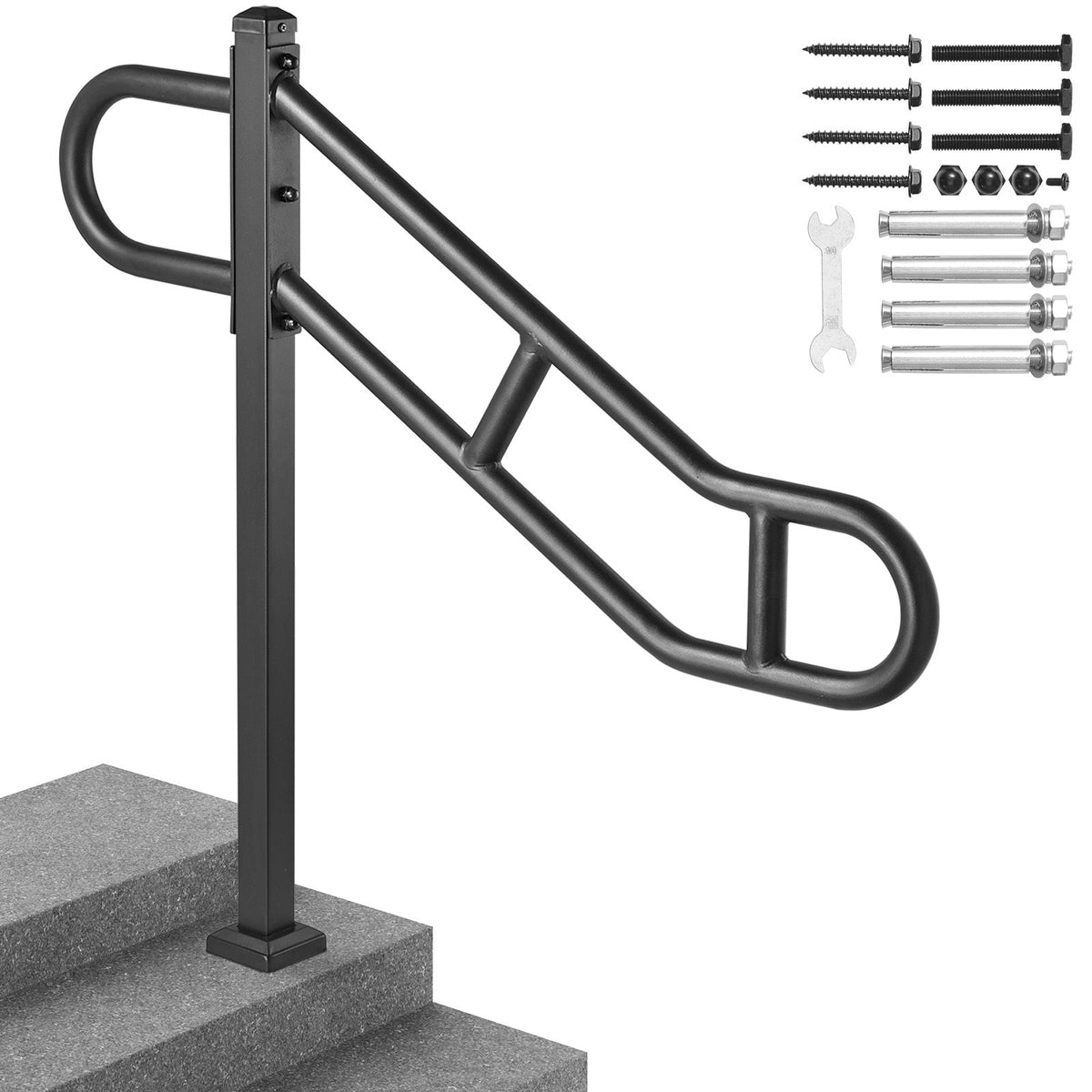 Outdoor Stair Handrail 40.5", 1-3 Steps, Carbon Steel, 250 lbs Load, Sandblasted Anti-Slip Grip, Metal Expansion Tube Wall Mount, Rust-Resistant, for Stairs Garage Garden Hallway