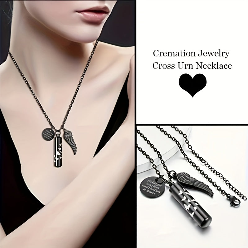 Cylinder Urn Necklace for Ashes - Stainless Steel Butterfly & Angel Wing Memorial Keepsake Pendant for Pet & Human Loss, Cremation Jewelry for Women, Men & Loved Ones (Silvery)