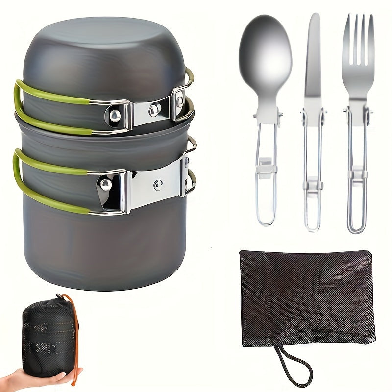 304 Stainless Steel Camping Cookware Set with Foldable Storage – Durable Compact Pot with Knives & Forks Utensils for Outdoor Backpacking, Hiking, Picnics & Camping, Green & Orange, Lightweight Camp Kitchen Kit