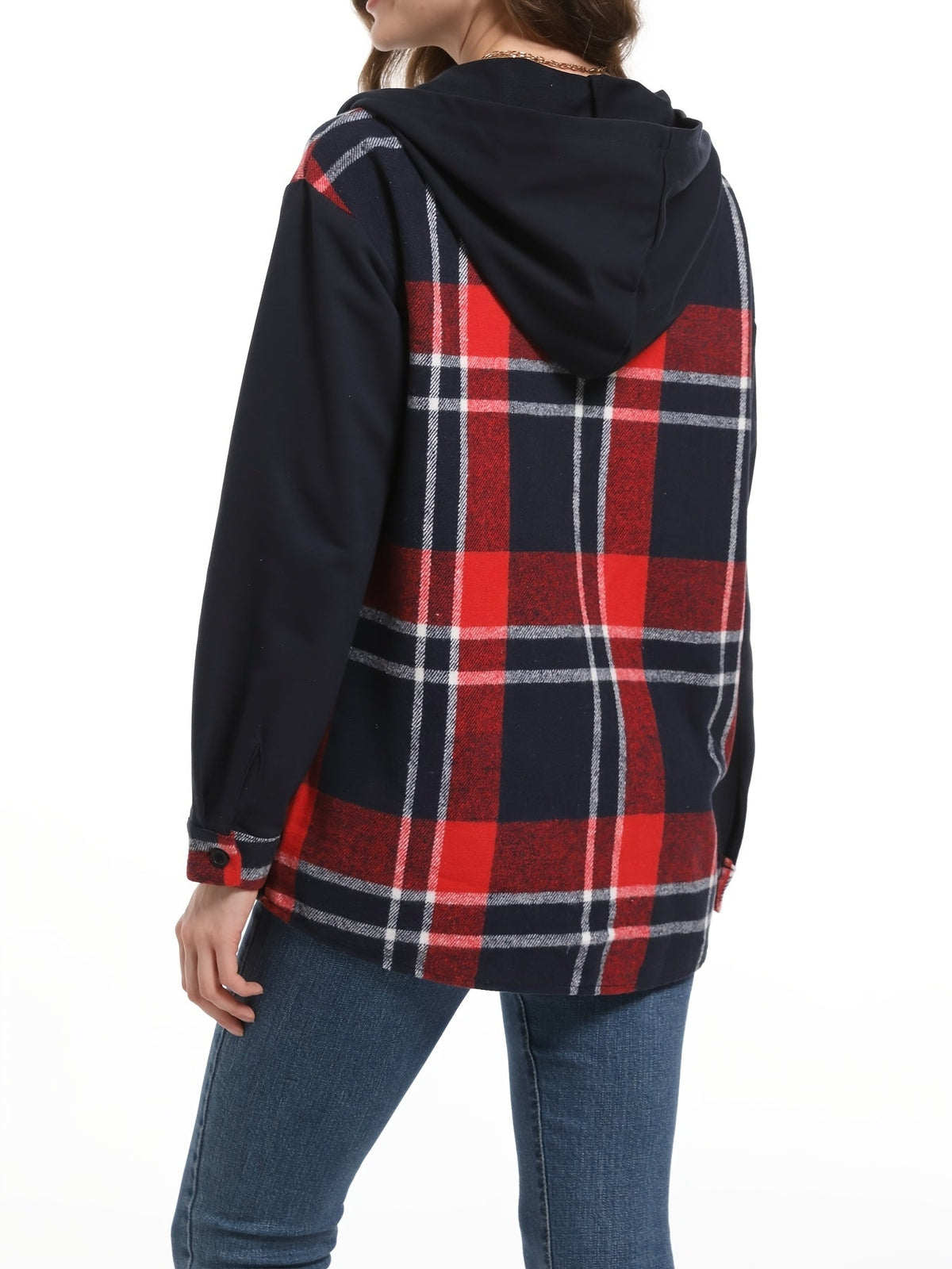 Women's Plaid Hooded Jacket, Drop Shoulder, Woven Patch Pocket, Casual Outerwear, 100% Polyester Suede/PU, Black/White, S, M, XXL