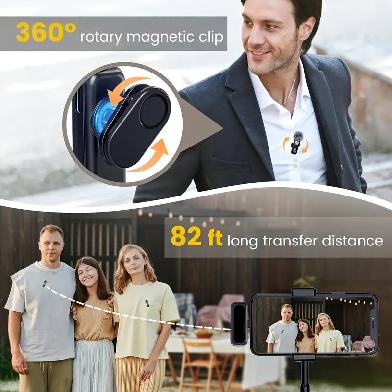Wireless Lavalier Microphone USB-C 2.4G with DSP Noise Reduction, Digital Battery Display, 360° Omnidirectional Clip-On Lapel Mic, 100ft Range, Furry Windshield, Rotatable Magnetic Clip for iPhone, Android, Camera & Content Creators