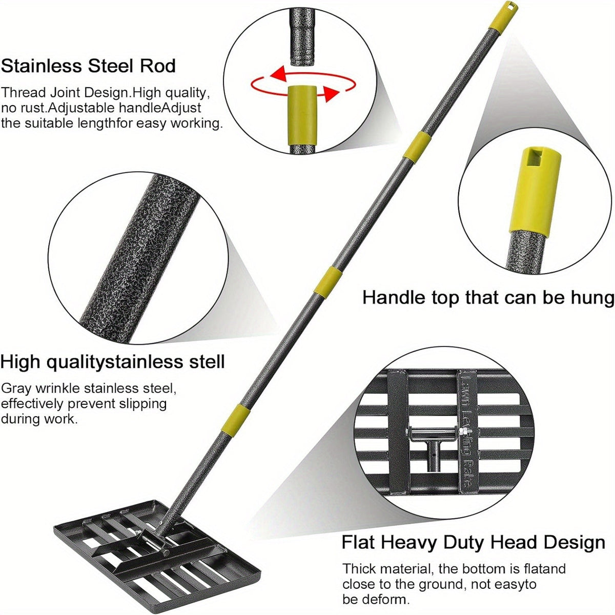 Lawn Leveling Rake - 17x10" Heavy Duty Metal Lawn Leveler, Foldable Head, Adjustable Ergonomic Handle for Yard, Garden & Golf Course - 5FT & 6FT - Yellow