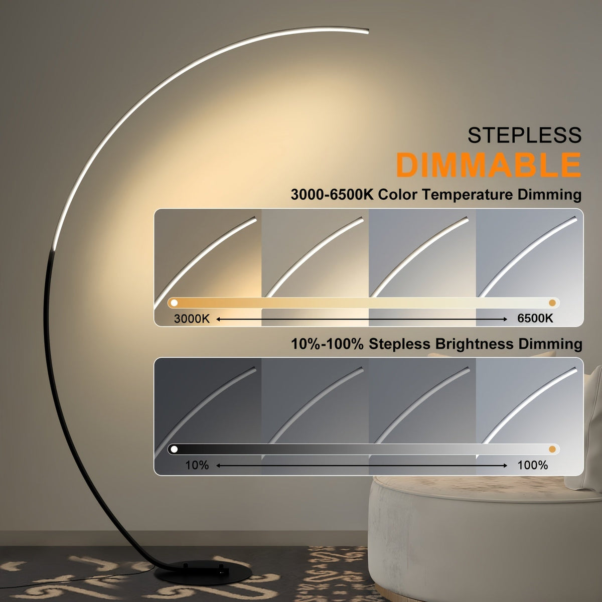 Modern 65-Inch Arched Floor Lamp with Remote – Dimmable RGB Color Changing LED Curved Standing Light for Bedroom Living Room in Black & Gold