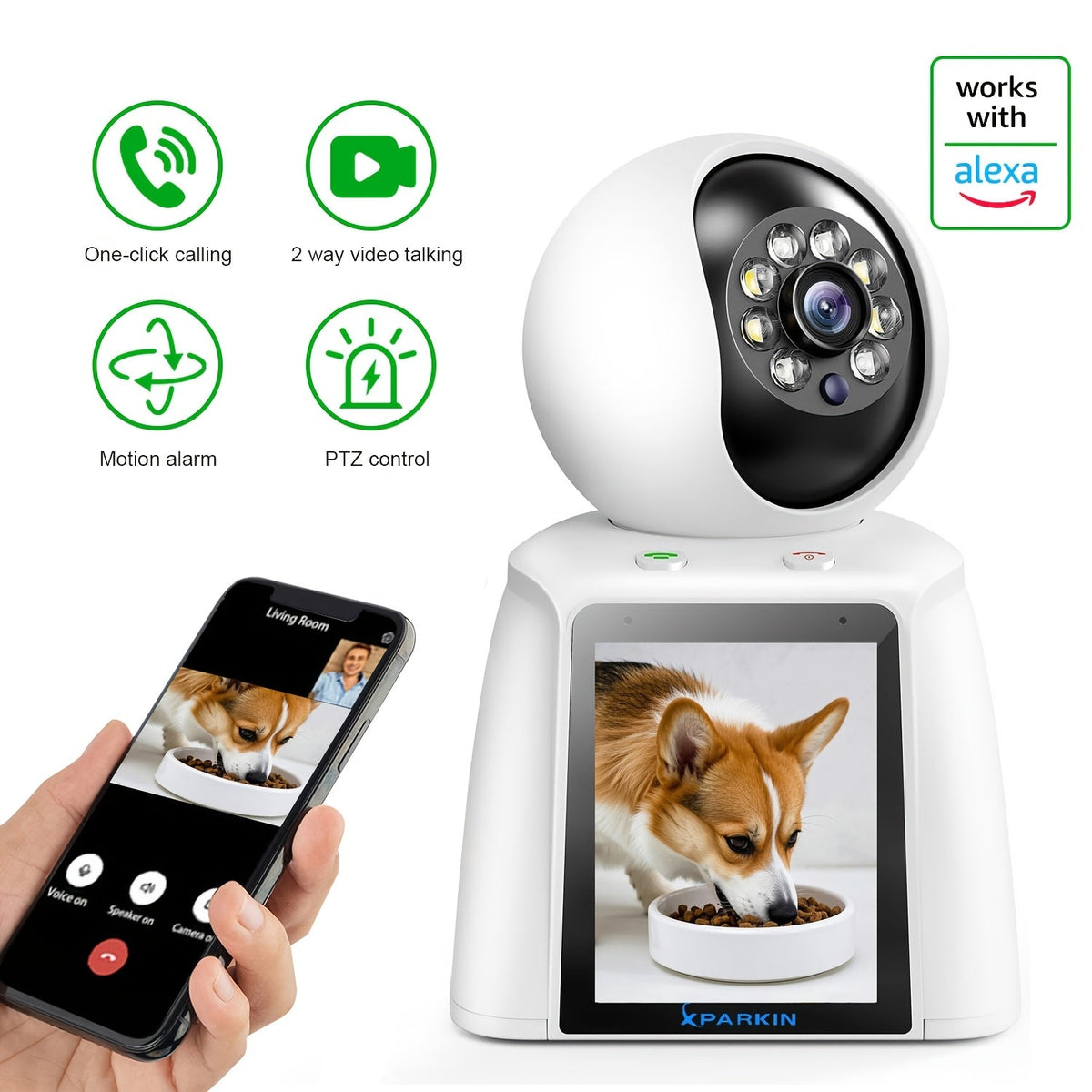 WiFi PTZ Indoor Camera with 3-Inch Built-In Screen, 3MP HD Video Calling, Two-Way Audio, Color Night Vision, AI Detection, Pet/Baby/Elderly Monitor, Home Security Camera, App Control