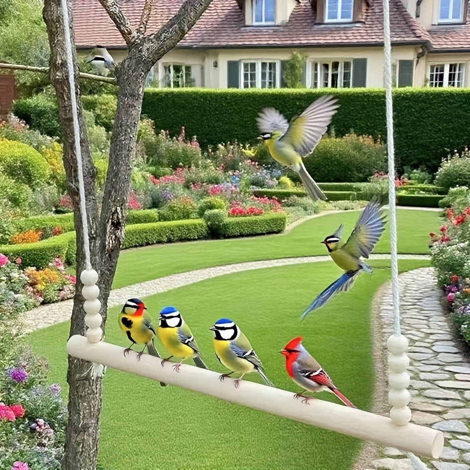 Wooden Chicken Swing Toy, Natural Handmade Tangle-Free Bird Stand with Elastic Rope Beads for Chickens, Ducks, Parrots, Poultry, Farmhouse Coop Accessory, Large and Durable