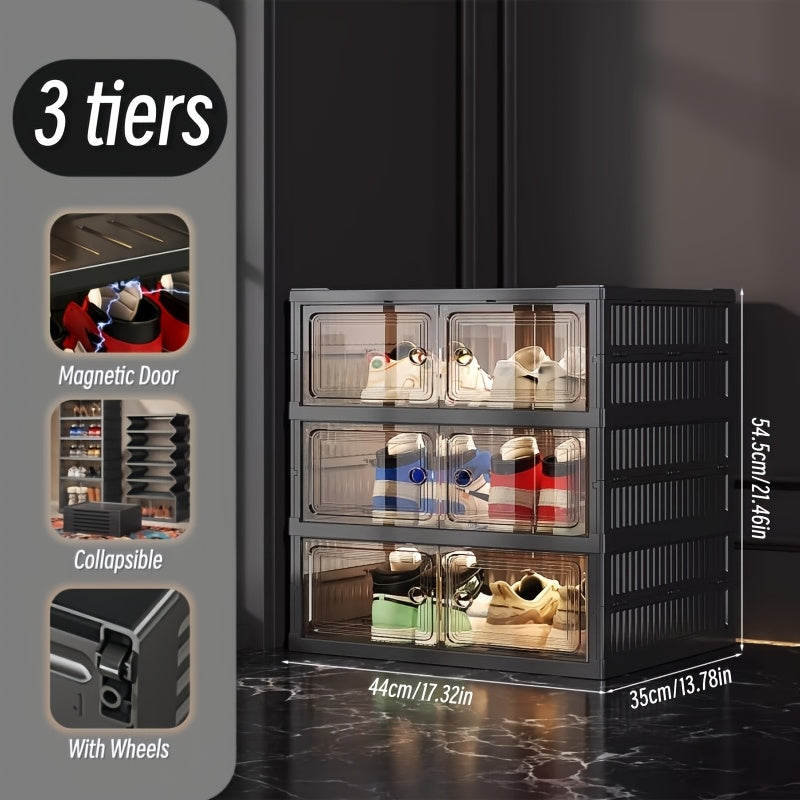 Foldable Shoe Cabinet 3 6 9 Tier No-Install Dustproof Shoe Rack with Clear See-Through Doors Magnetic Closure Large Capacity for Entryway Hallway Foyer 18 Pairs