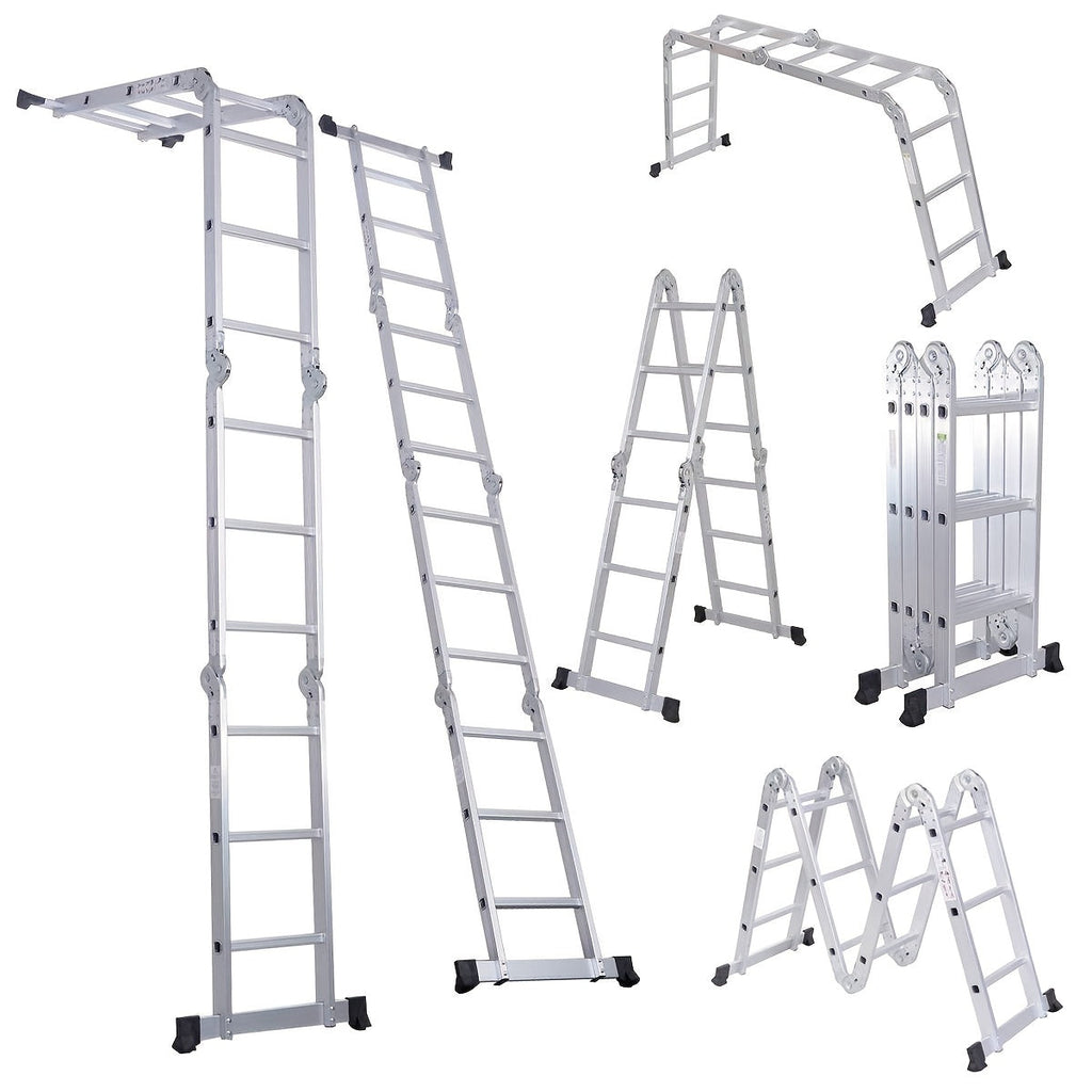 330lb 12.5ft 7-in-1 Multi-Purpose Aluminum Folding Extension Ladder – Foldable Lightweight Scaffold Step Ladder for Home, Garage, Construction & Outdoor Use