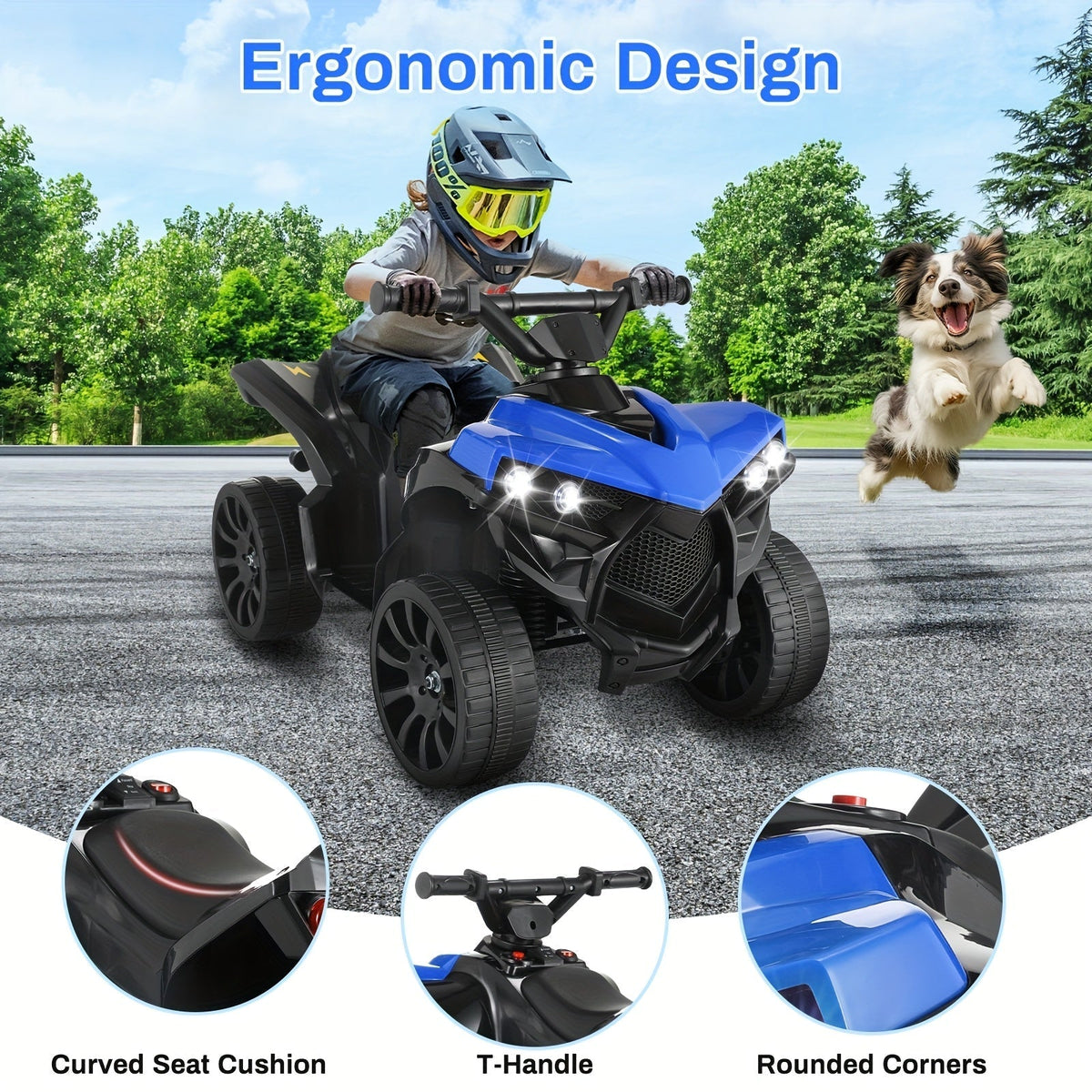 Kids Electric Quad ATV Ride-On Car with Headlights, Pedal Accelerator, All-Terrain Anti-Slip Tires, 55 lbs Capacity, 1.86 MPH Ride-On Toy for Boys and Girls Ages 3-6, Birthday/Christmas Gift, Blue/Black/Pink/Red