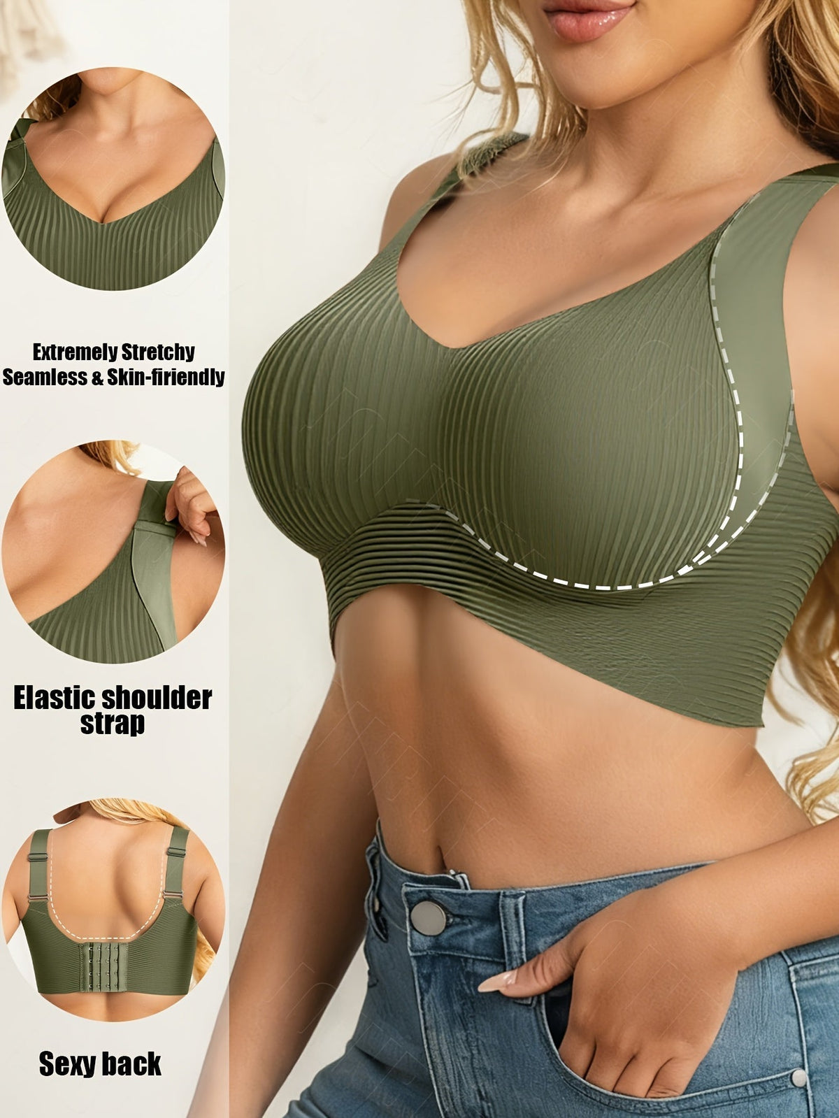 6 Pack Women's Seamless Sports Bras – V-Neck Wireless Bralette, Non-Removable Pads, Full Coverage Backless Design, High Elasticity for Running, Yoga, Gym, and Daily Wear, Solid Color Activewear Set