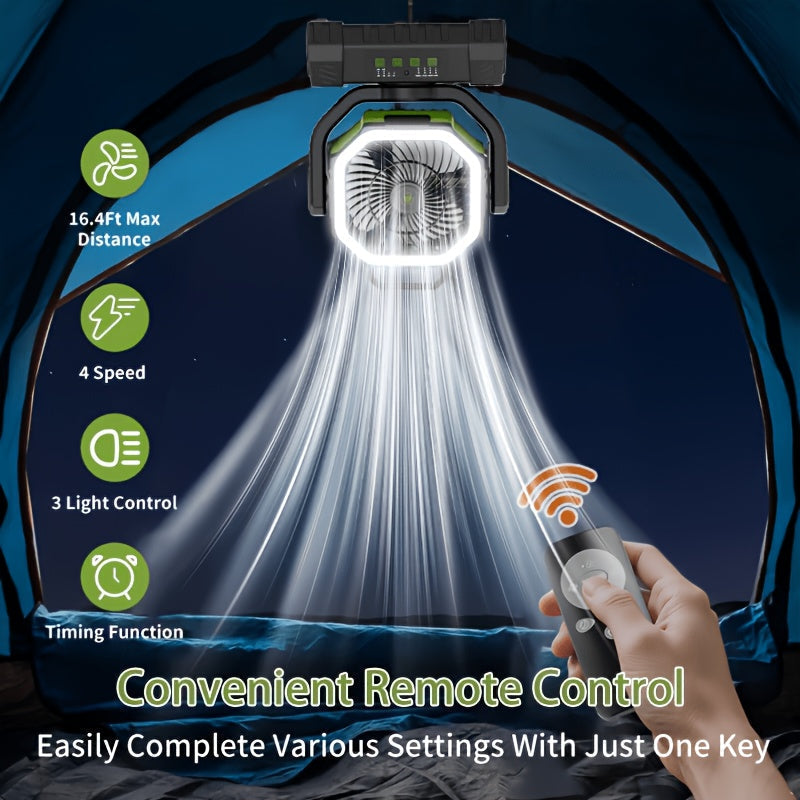 20000mAh Camping Fan with Remote Control, LED Light, Oscillating, 4 Speeds, Timer, and Power Bank - Rechargeable Tent Fan for Camping, Picnic, BBQ, Fishing, and Outdoor Use