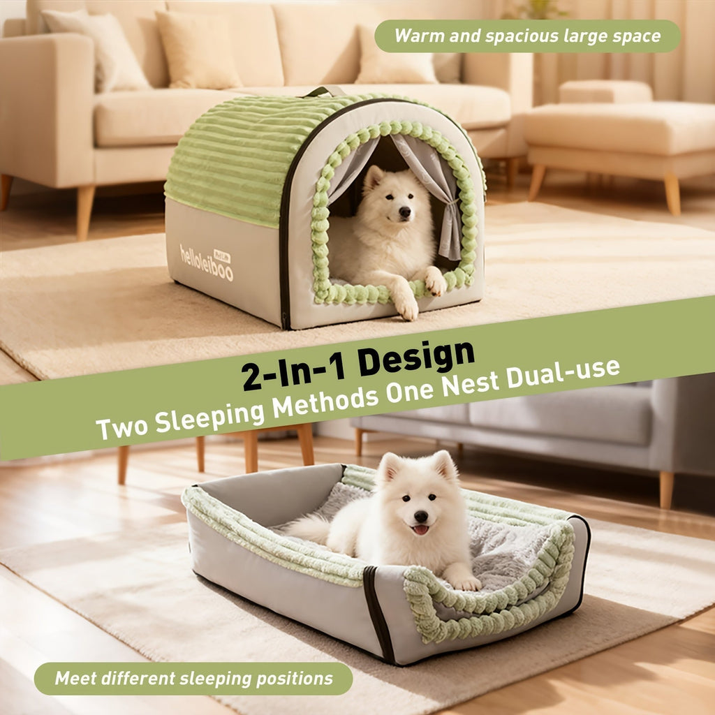 Foldable 2-in-1 All-Season Cave Dog Bed – Fully Enclosed Covered Pet House with Handle, Soft Fluffy Non-Slip Washable Nest for Large, Medium & Small Dogs and Cats – Free Drool Bib – Velora