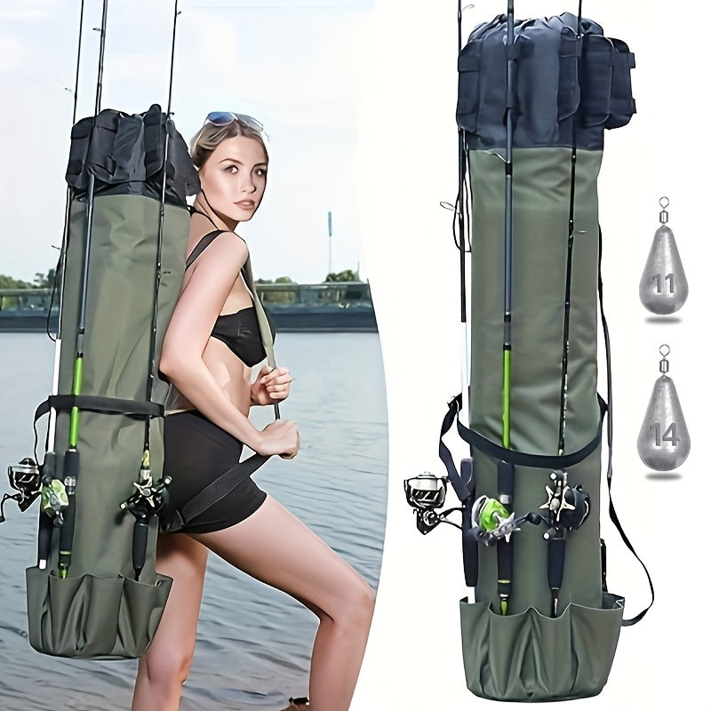 Large Capacity Folding Durable Fishing Rod Bag, Multifunctional Gear Carrier Case with Two Lead Weights, Fits Multiple Rods, Tackle Organizer for Freshwater and Saltwater Fishing