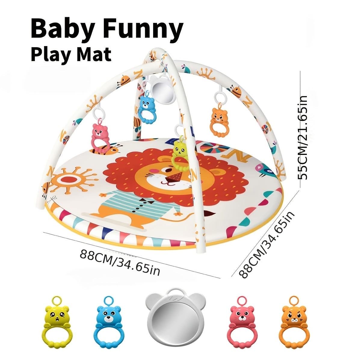 Baby Play Gym & Activity Mat with 5 Detachable Toys, Animal Pattern Infant Tummy Time Mat for 0-12 Months, Sensory Development Crawling Mat with Non-Slip Base, Machine Washable & Foldable