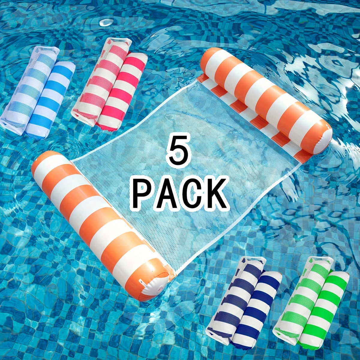 4-in-1 Inflatable Pool Float Lounger for Adults, Hammock Raft, Exercise Saddle, Striped Colorful Swimming Ring, Floating Bed for Pool, Lake, Beach - 5-Pack and 8-Pack Options