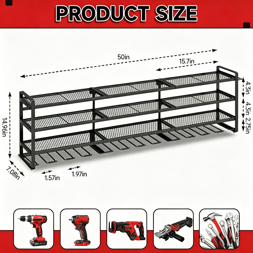50" Wall Mount Power Tool Organizer, 600 lbs Capacity, 4-Tier Heavy Duty, Holds 12 Cordless Drills, Battery Tool Storage Rack, for Garage, Shed, Workbench & Workshop