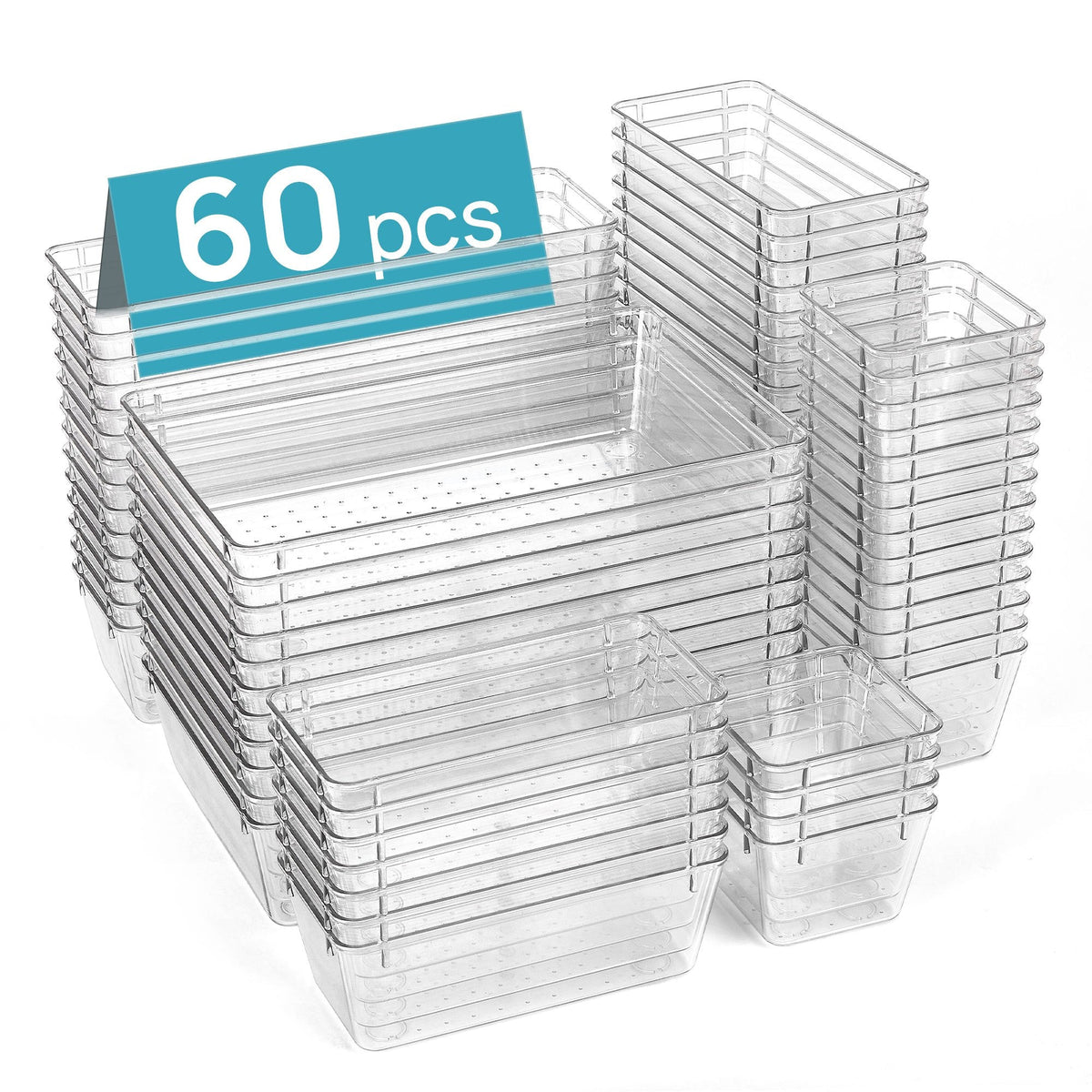 Clear Plastic Drawer Organizer Set, 44 or 60 Pcs, 4 Sizes, Non-Slip Vanity Organizer Trays for Makeup, Jewelry, Bathroom, Bedroom, Kitchen, Office