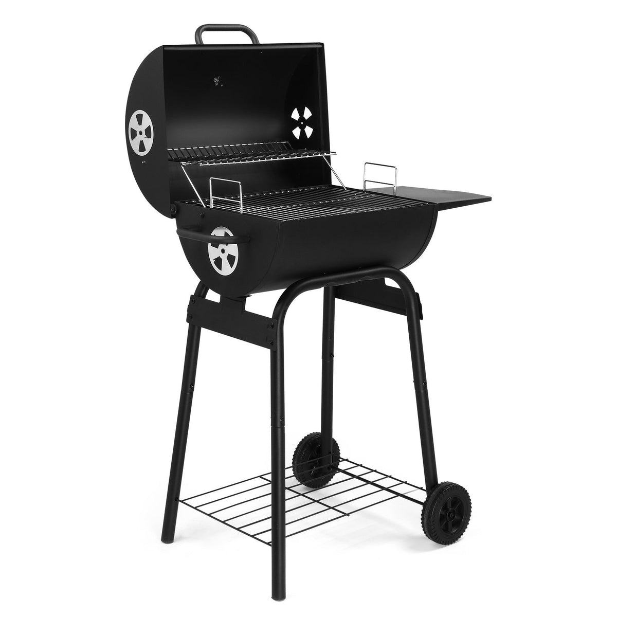 Barrel Charcoal Grill with Side Table & Bottom Shelf, 33.9"x20.5"x40.6", 4-Level Adjustable Charcoal Pan, Dual Air Dampers, Built-In Thermometer, Chrome Grates, 2 Wheels, for Backyard, Patio & Camping BBQ