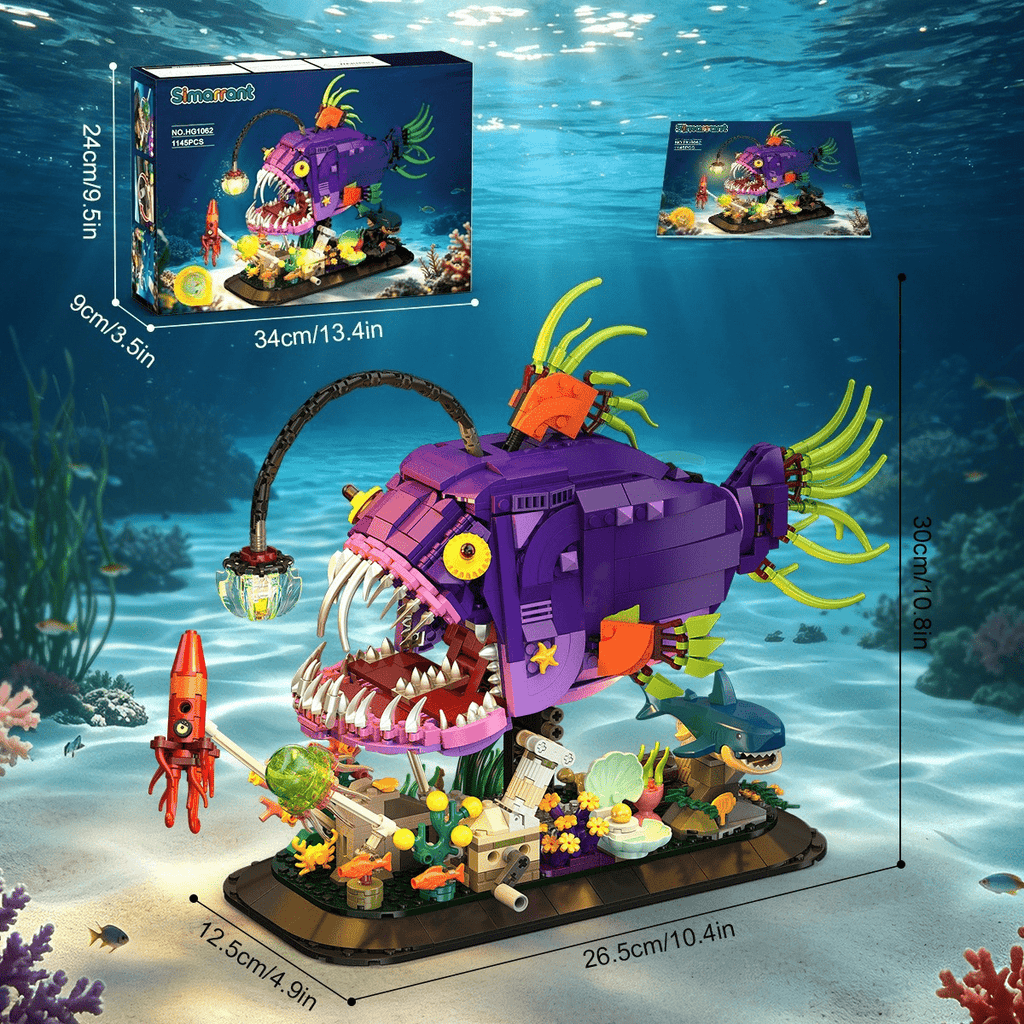 1145-Piece Anglerfish Building Blocks Set ABS Movable Mechanical Deep Sea Monster with Seabed Diorama Adjustable Jaw Spinning Jellyfish for Adult Display & Birthday Christmas Gift – Purple