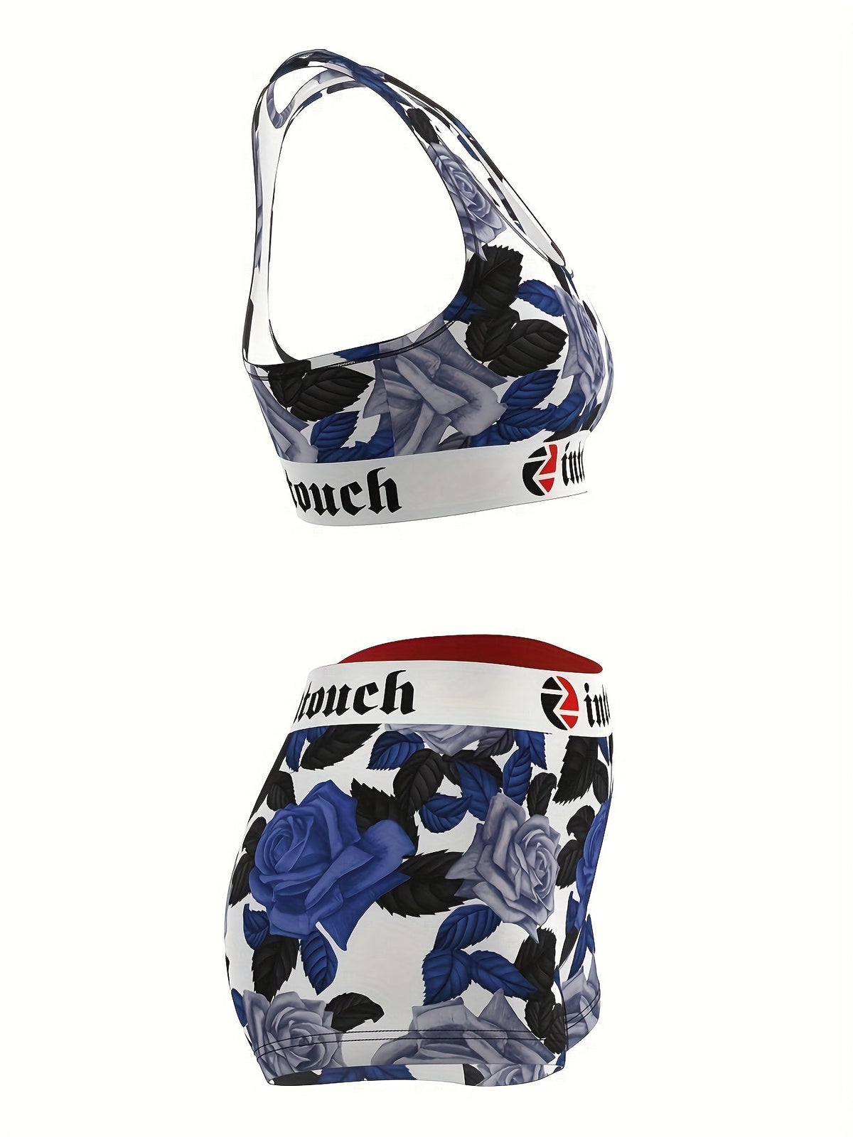 Women's Blue Rose Floral Print Sports Bra & Shorts 2-Piece Set – Stretchy Activewear for Gym, Yoga, Running, and Fitness; Matching Loungewear for Teens; Summer Festival Vintage Style